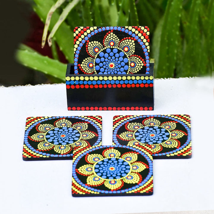 Dot Mandala Coaster Set With Holder