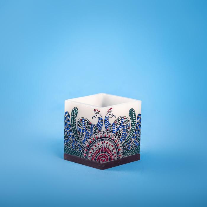 Multicolored Peacock on Small Hollow Candle