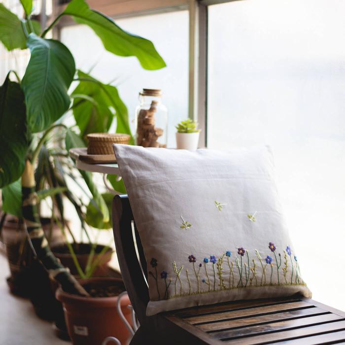 Hand-embroidered Grey Floral Cushion Cover - 40 x 40 cm