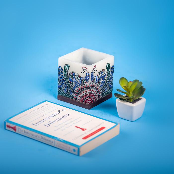 Multicolored Peacock on Small Hollow Candle