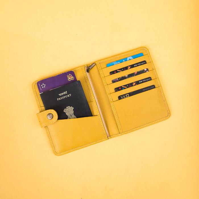 Genuine Leather Passport Wallet in Mustard Yellow