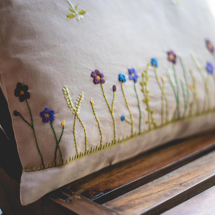 Hand-embroidered Grey Floral Cushion Cover - 40 x 40 cm
