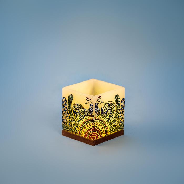 Multicolored Peacock on Small Hollow Candle