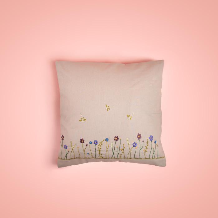 Hand-embroidered Grey Floral Cushion Cover - 40 x 40 cm