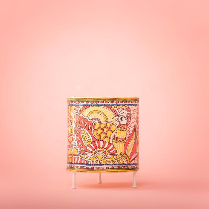 Doodle Peacock Hand Painted Tholu Bommalata Tealight Lamp| 6 inches
