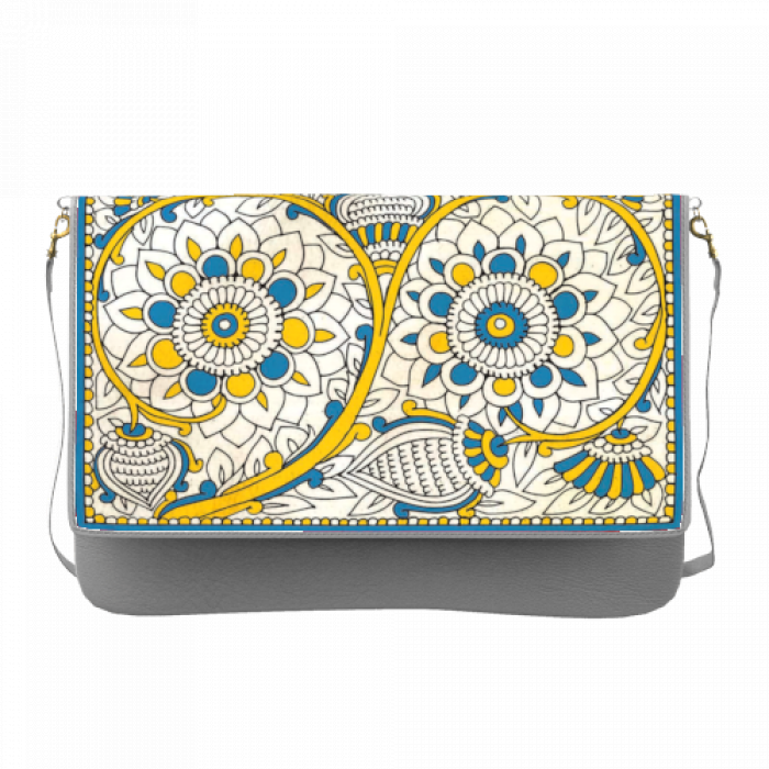 Grey Sling Clutch with Floral Art