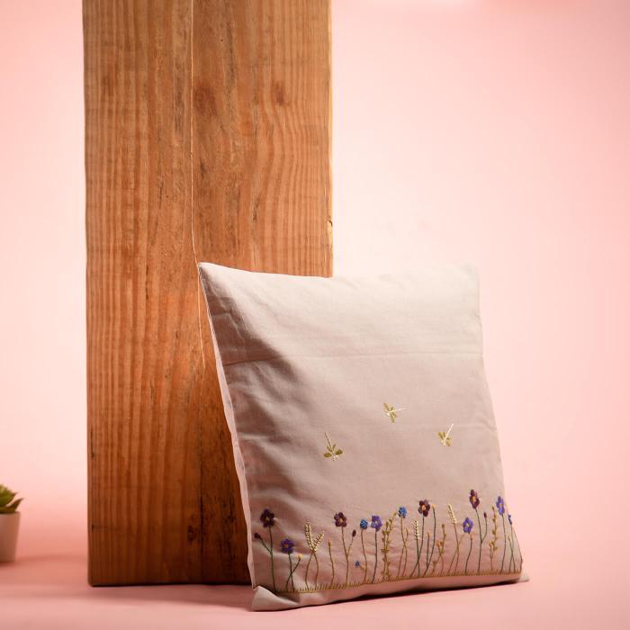 Hand-embroidered Grey Floral Cushion Cover - 40 x 40 cm