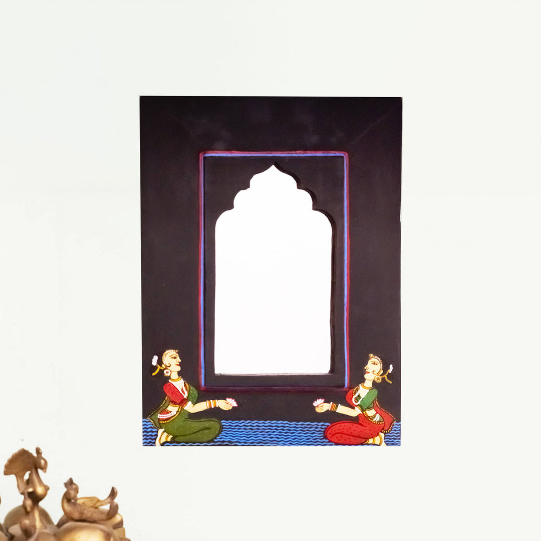 Handpainted Pattachitra Mirror with Vintage Wooden Frame - Women