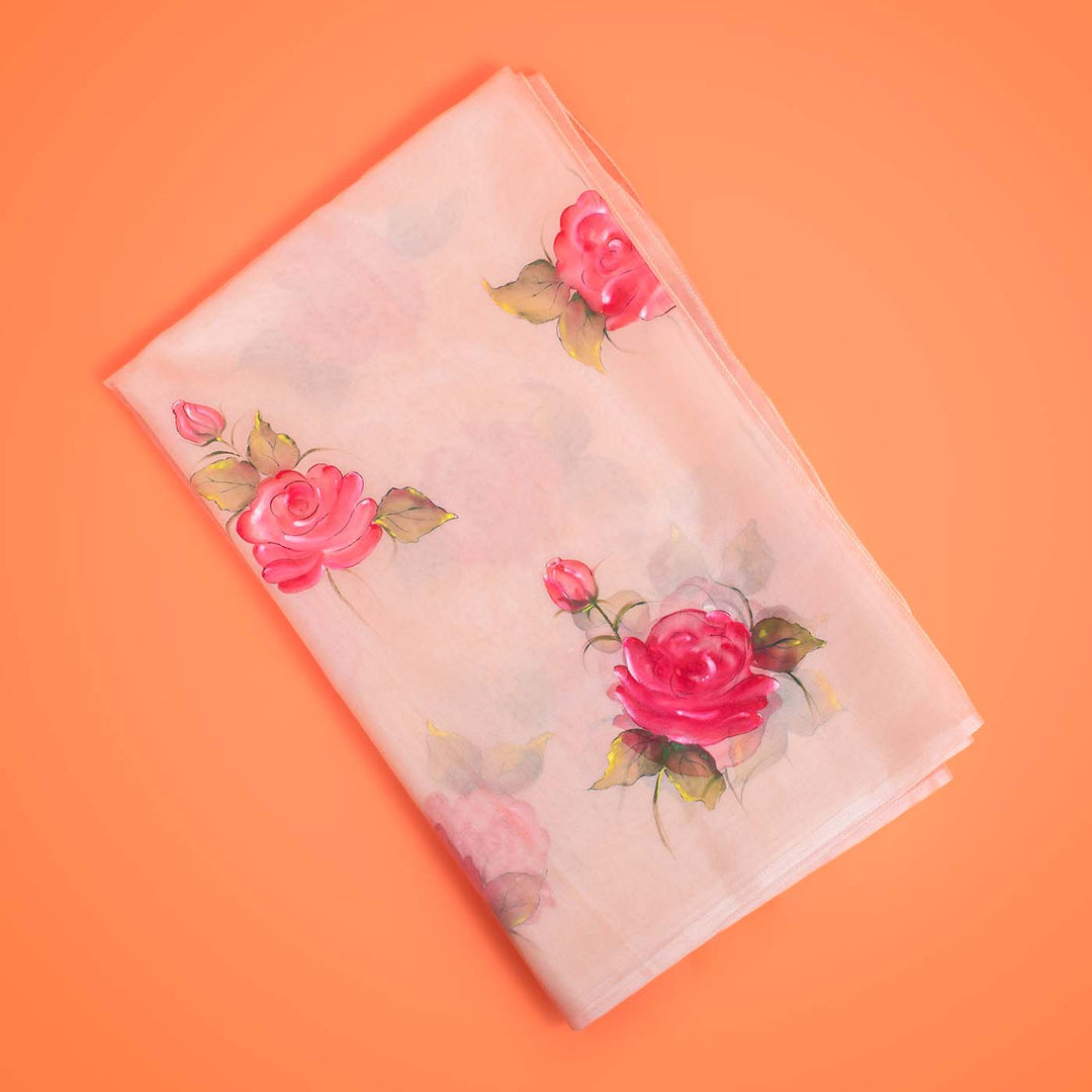 Hand-painted Floral Saree - Pink Rose