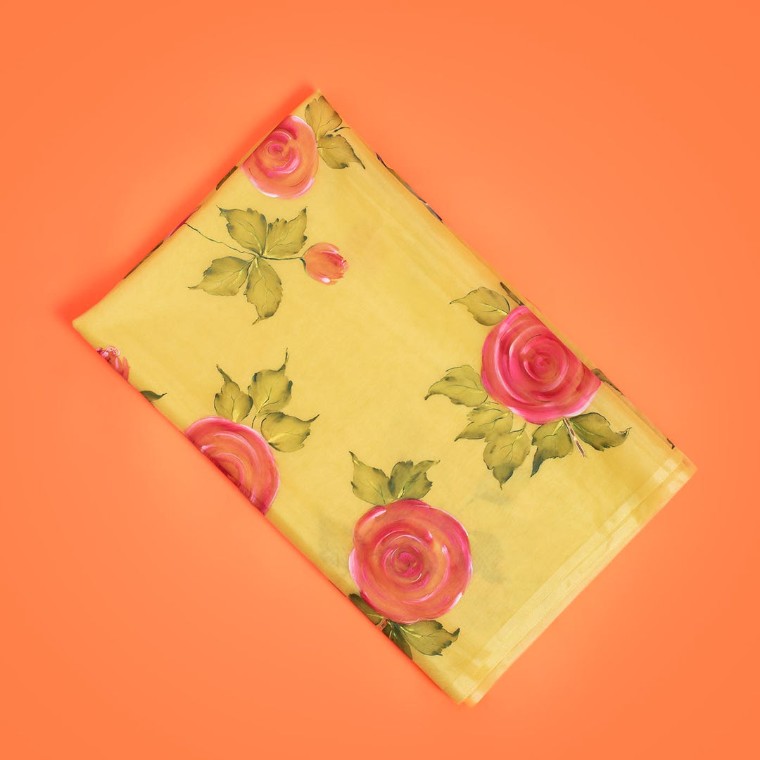 Bright Yellow Hand-painted Floral Sarees - Pink Rose with Birds