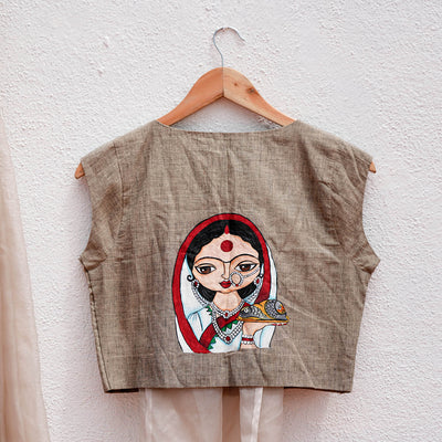 Unstiched Blouse Pieces - Beige with Traditional Woman