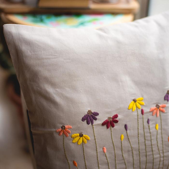 Hand-embroidered Floral Grey Cushion Cover - 40 x 40 cm