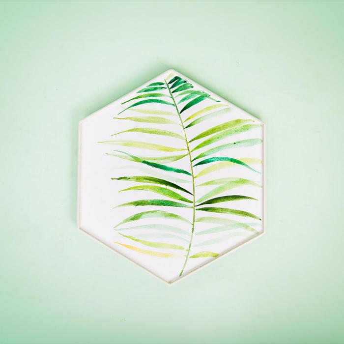 Foliage & Wooden Base Hand-painted Hexagonal Tray