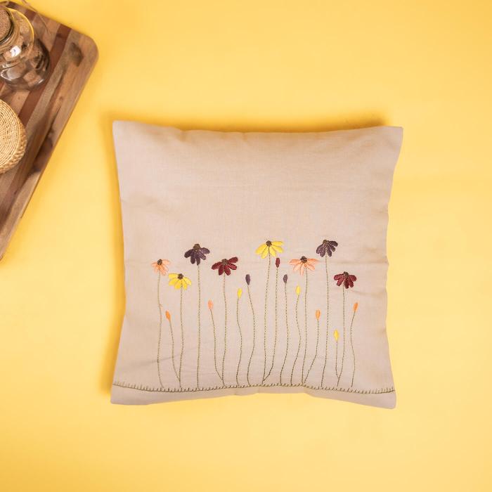 Hand-embroidered Floral Grey Cushion Cover - 40 x 40 cm