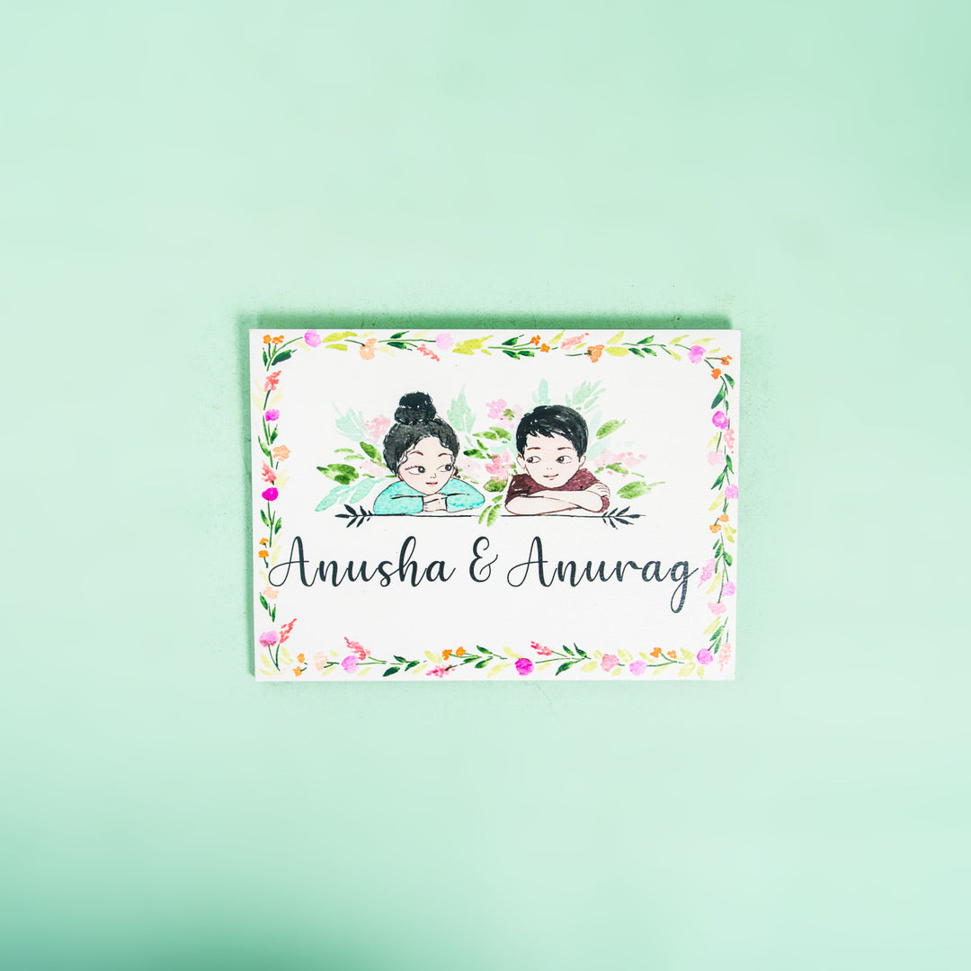 Rectangle Hand Painted Character Name Plate Little Couple - Front View with Name Personalization