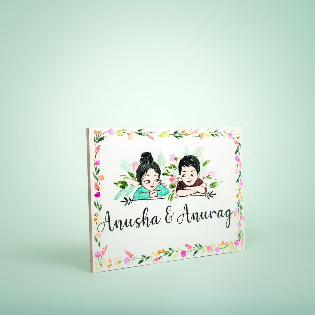 Rectangle Hand Painted Character Name Plate Little Couple - Angled Front with Name Personalization