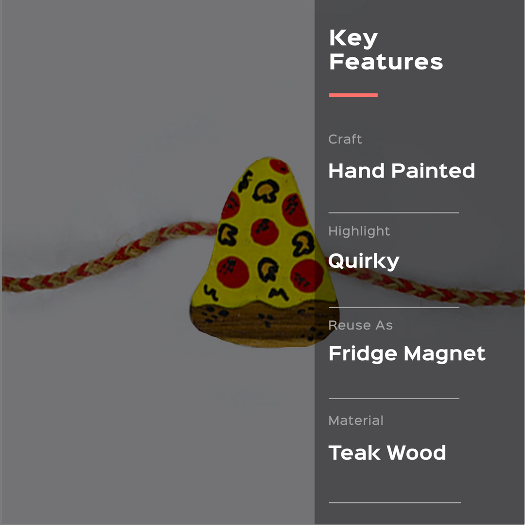 Handpainted Wooden Rakhi Pizza - Product Feature Text Overlay