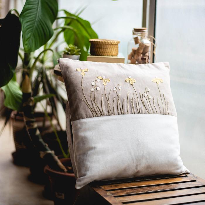 White and Grey Hand-embroidered Dual Colour Cushion Cover - 40 x 40 cm