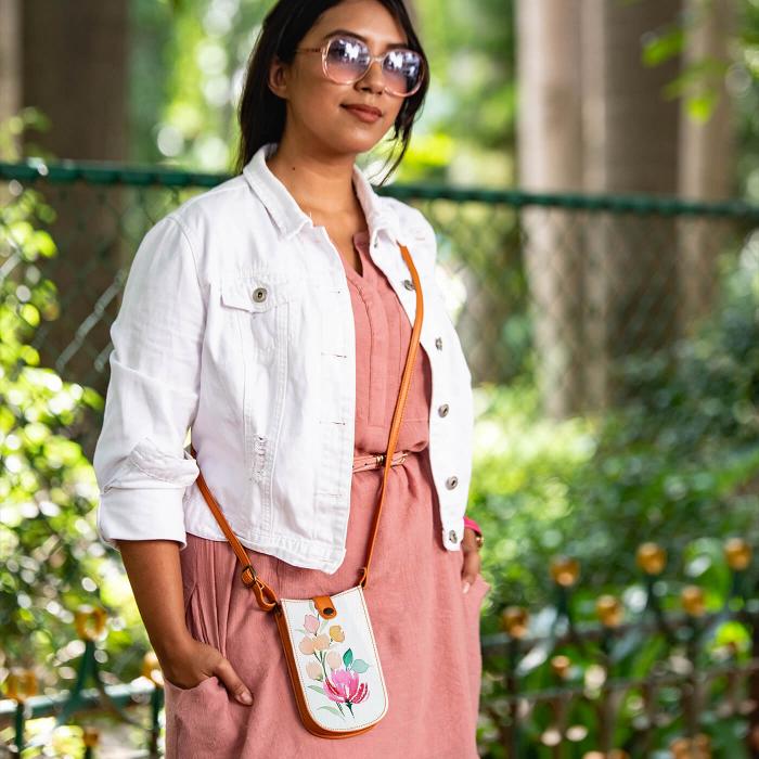 Tan Mobile Sling with Floral Art