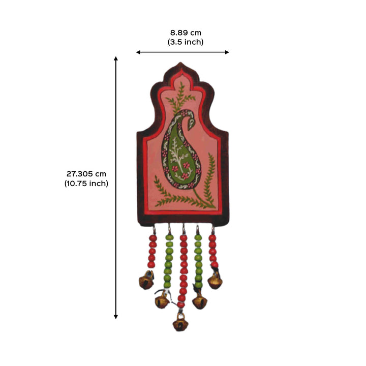 Handpainted Paisley Wooden Wall Art with Wooden Beads and Brass Ornament - Red Peach