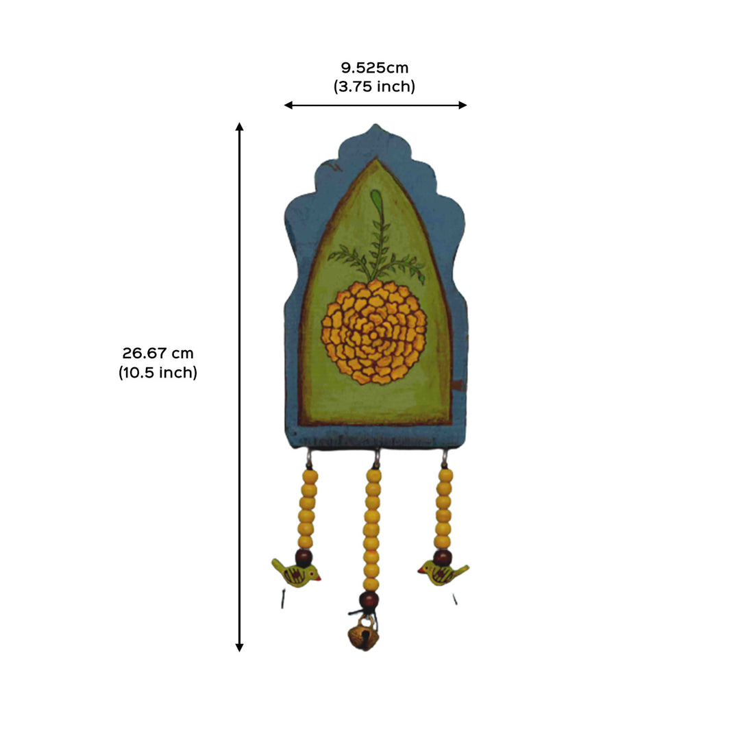 Handpainted Flower Wooden Wall Art with Wooden Beads and Brass Ornament - Blue Green