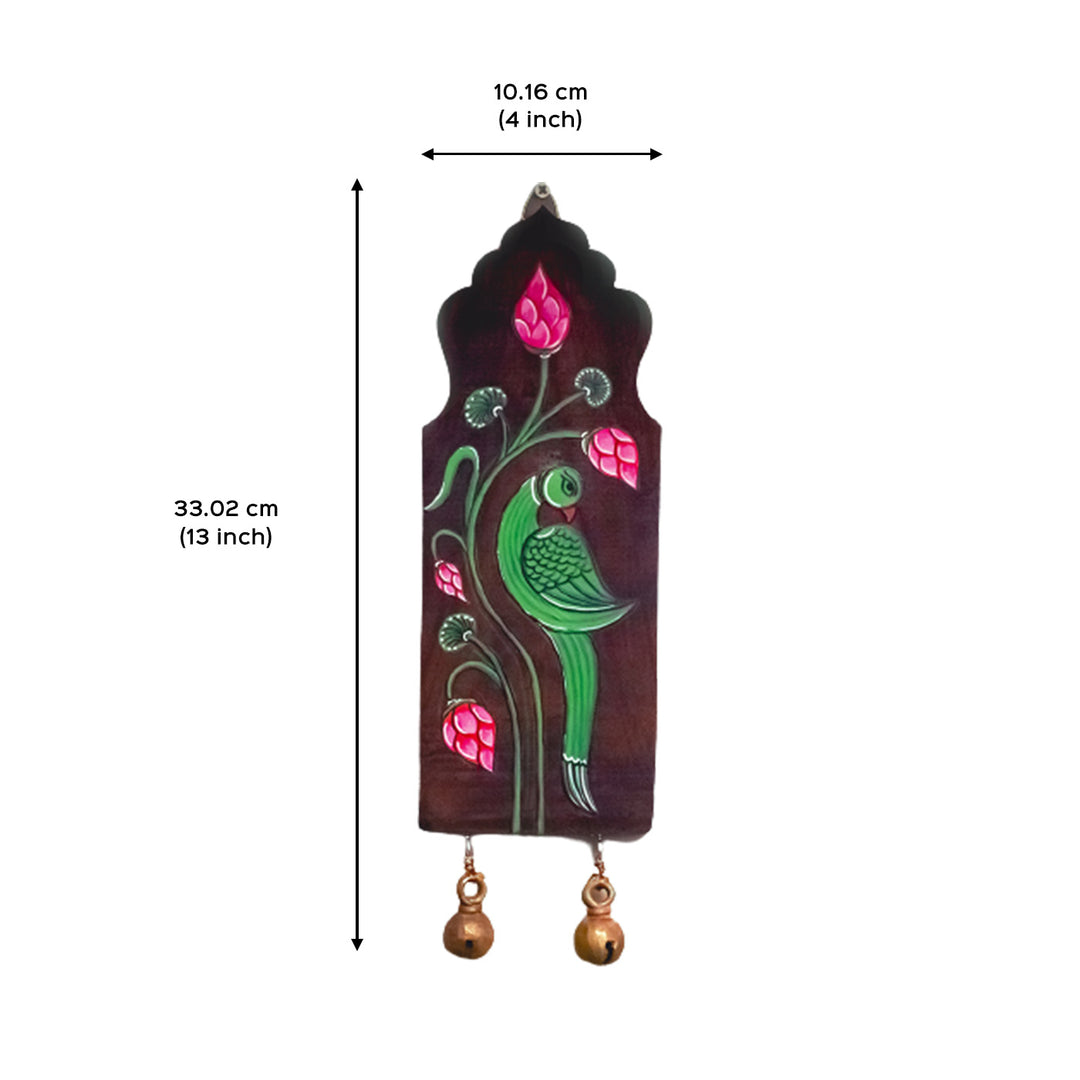 Handpainted Parrot Pattachitra Wooden Wall Art with Brass Ornament - Red Green