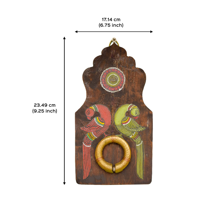 Handpainted Peacock Pattachitra Wooden Wall Art with Brass Ornament - Red Green