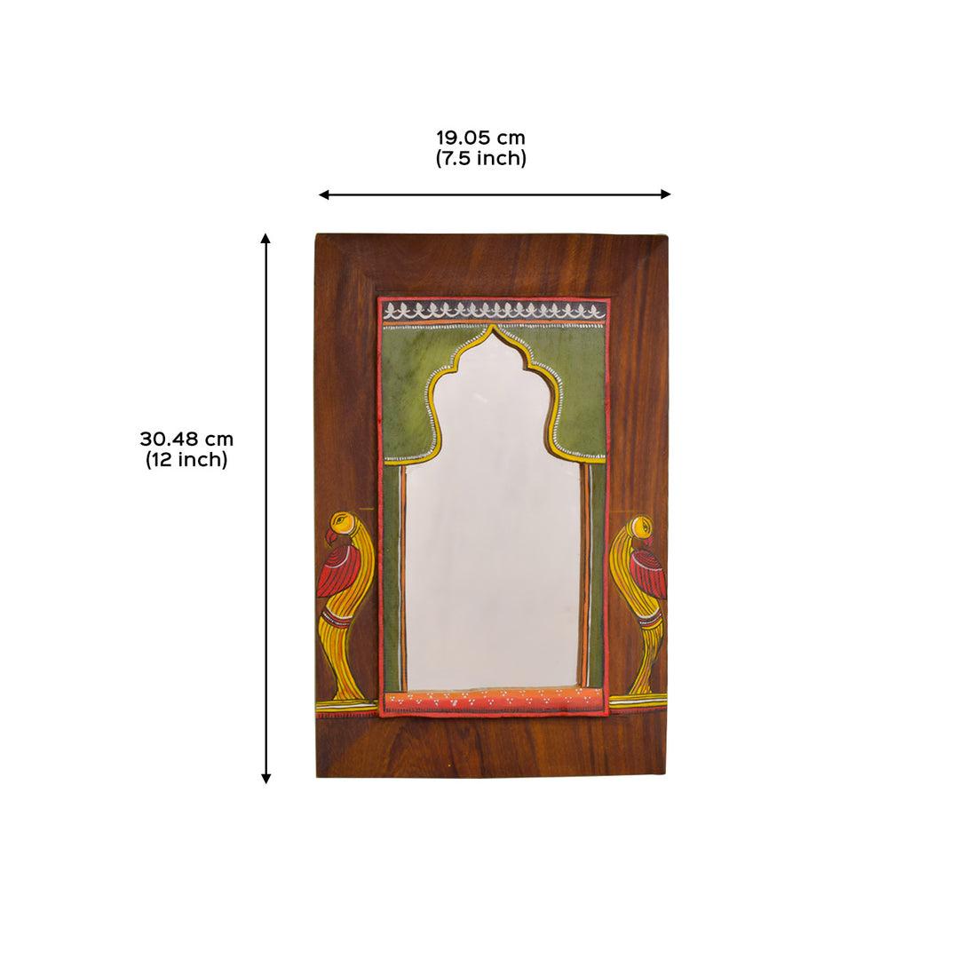Handpainted Miniature Mirror with Vintage Wooden Frame - Carved Bird