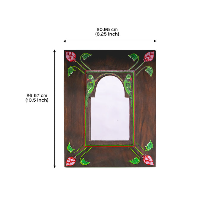 Handpainted Pattachitra Mirror with Vintage Wooden Frame - Parrot