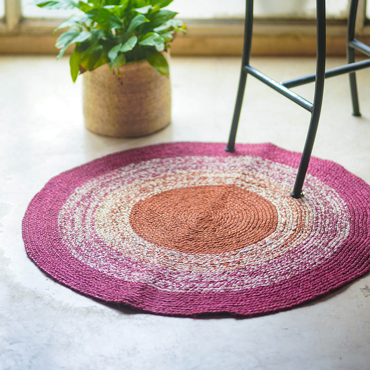 Naturally Dyed Round Jute Carpet - Multicolour & Red