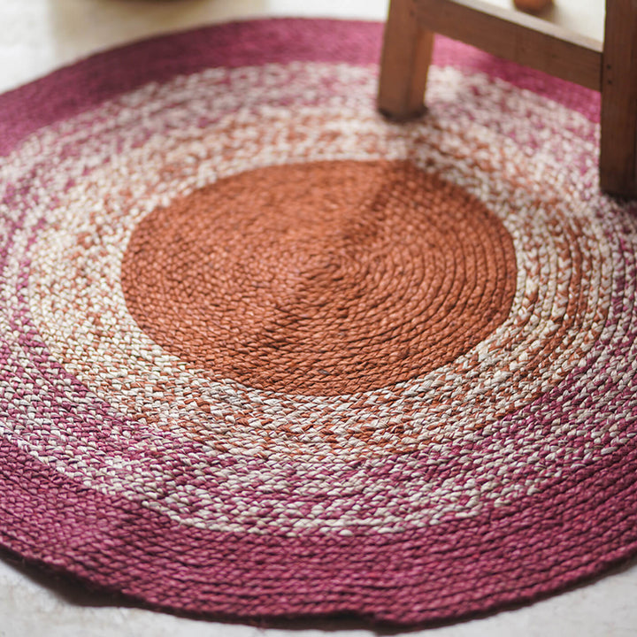 Naturally Dyed Round Jute Carpet - Multicolour & Red