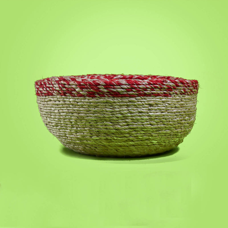 Handwoven Jute Round Basket with Red Border