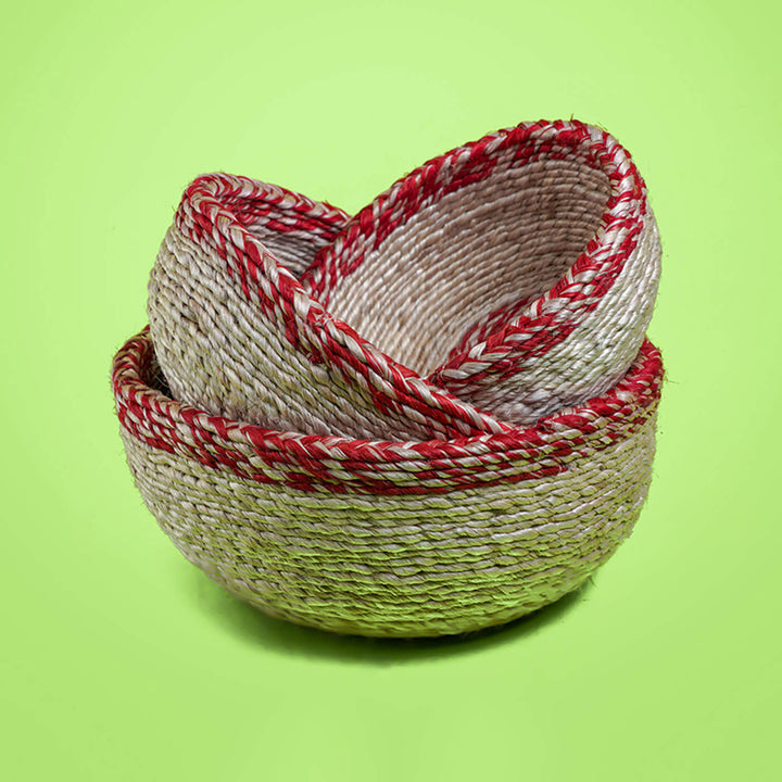 Handwoven Jute Round Basket with Red Border