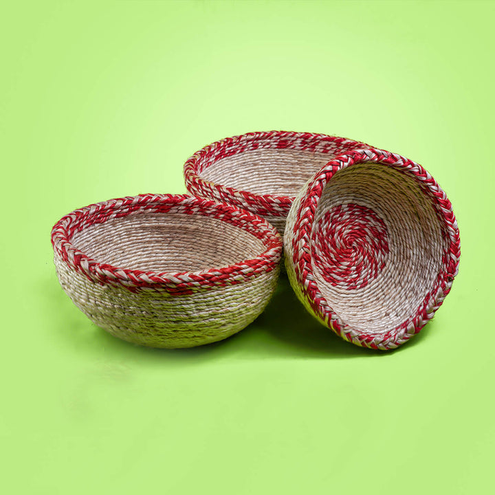 Handwoven Jute Round Basket with Red Border