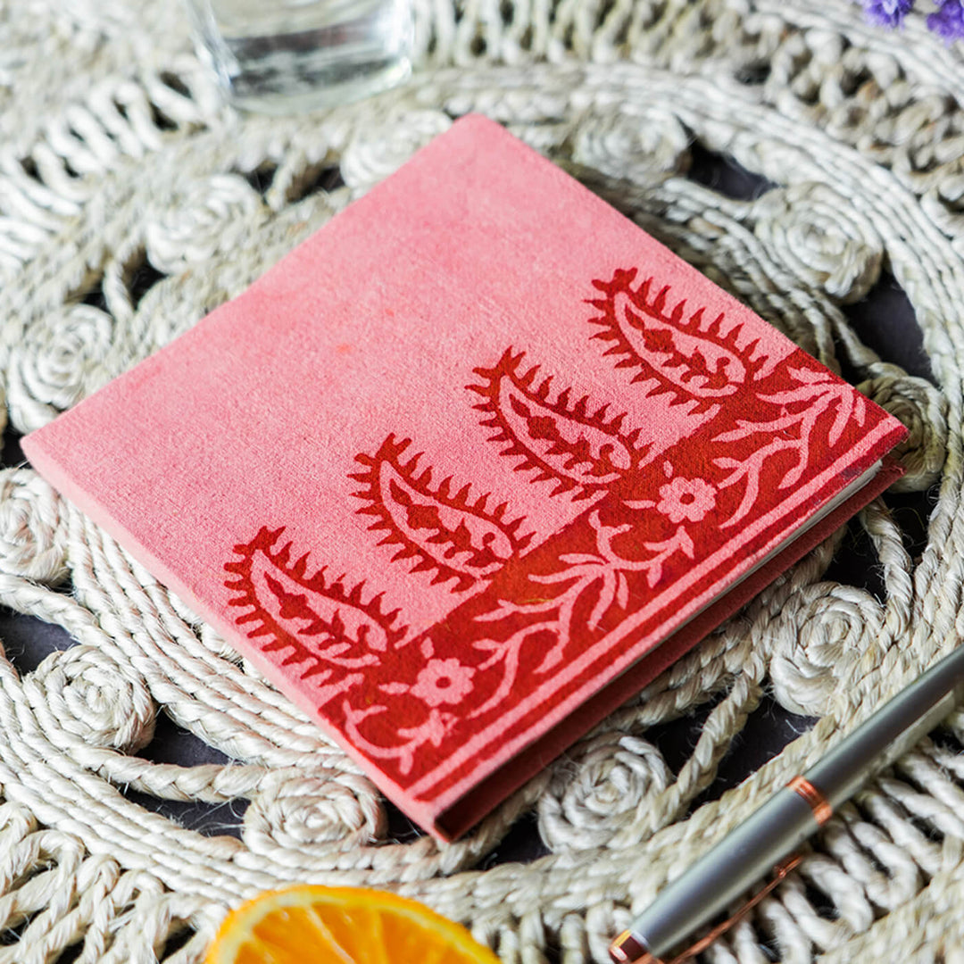 Handmade Red Leaf Block Print Plain Notebook