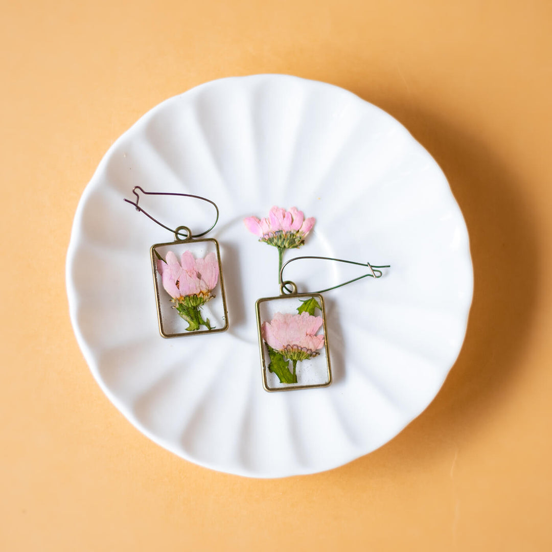 Fish Hook Brass Rectangle Earrings - Pink Daisy - Zwende