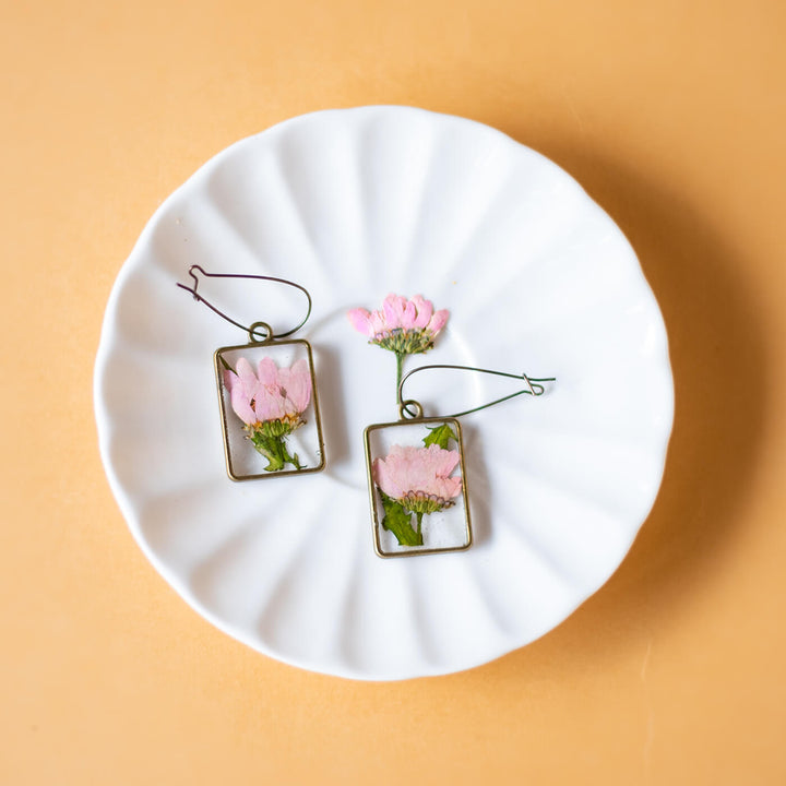 Fish Hook Brass Rectangle Earrings - Pink Daisy - Zwende