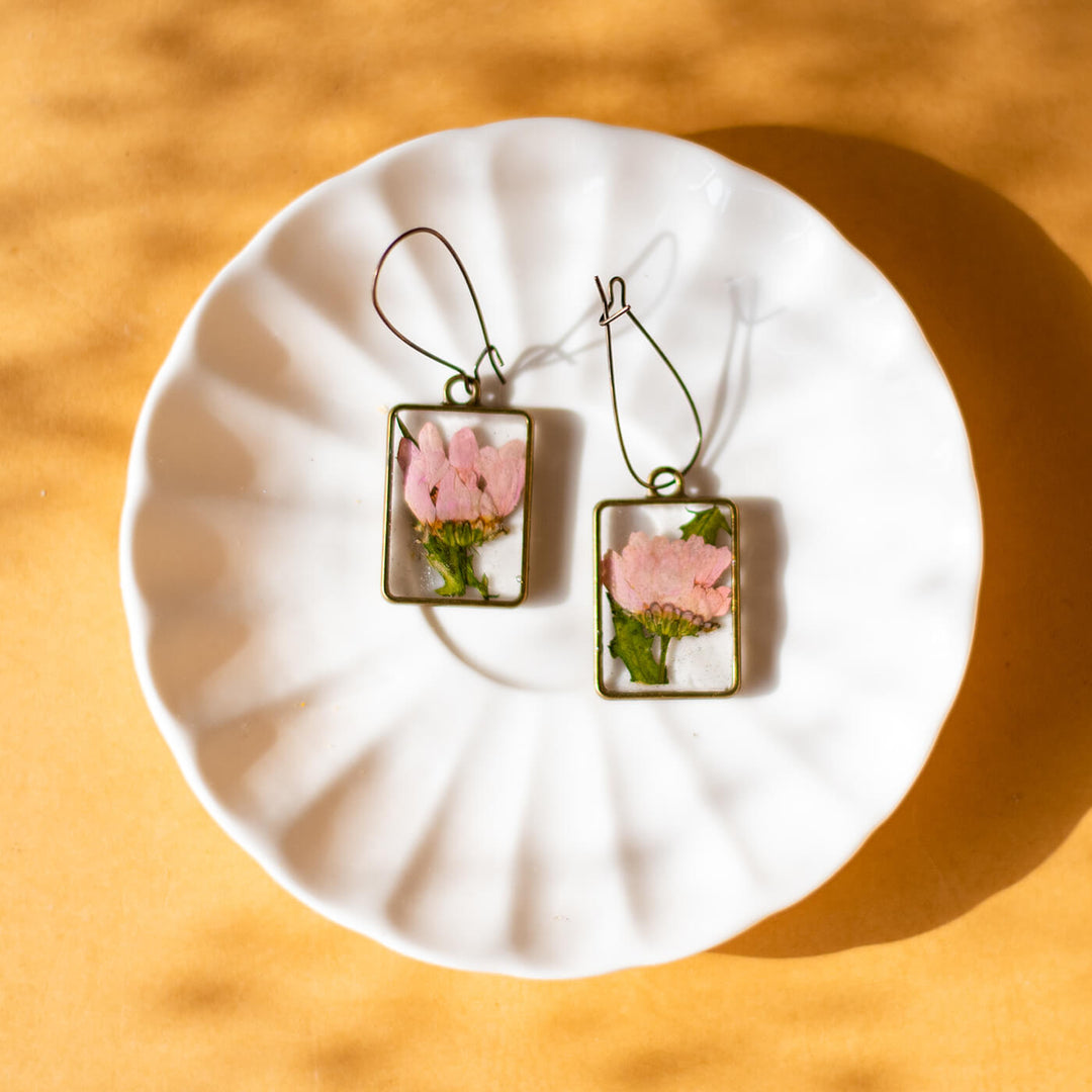 Fish Hook Brass Rectangle Earrings - Pink Daisy - Zwende