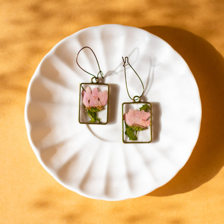 Fish Hook Brass Rectangle Earrings - Pink Daisy - Zwende