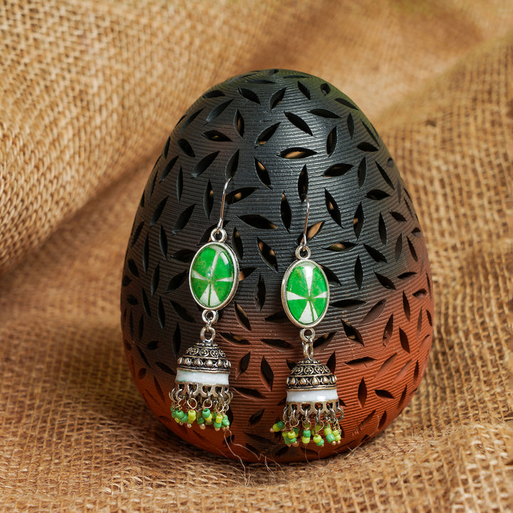 Handcrafted Fossilised Lucky Clover Jhumkas