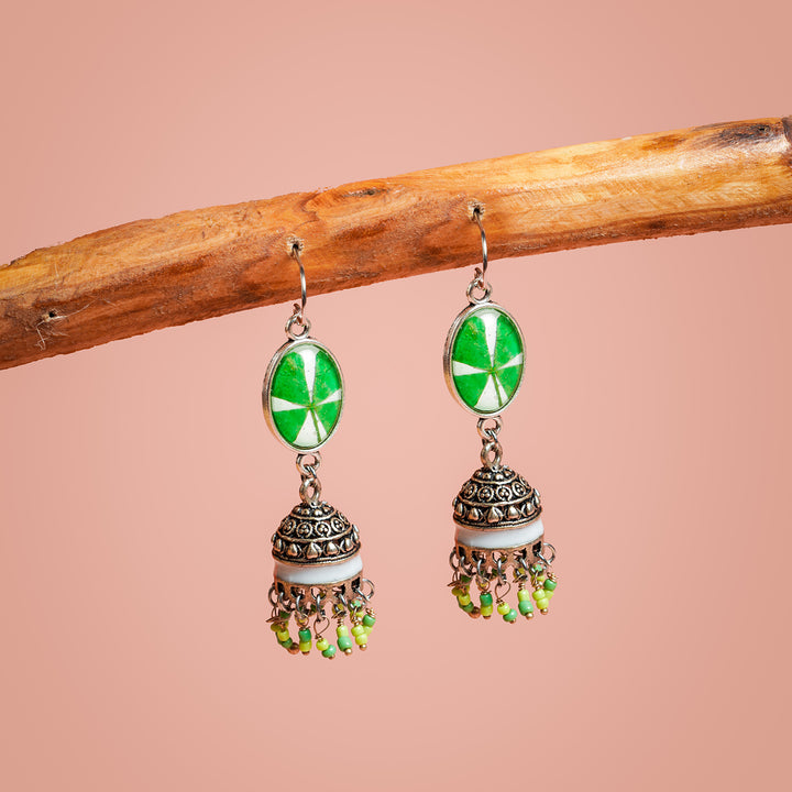 Handcrafted Fossilised Lucky Clover Jhumkas