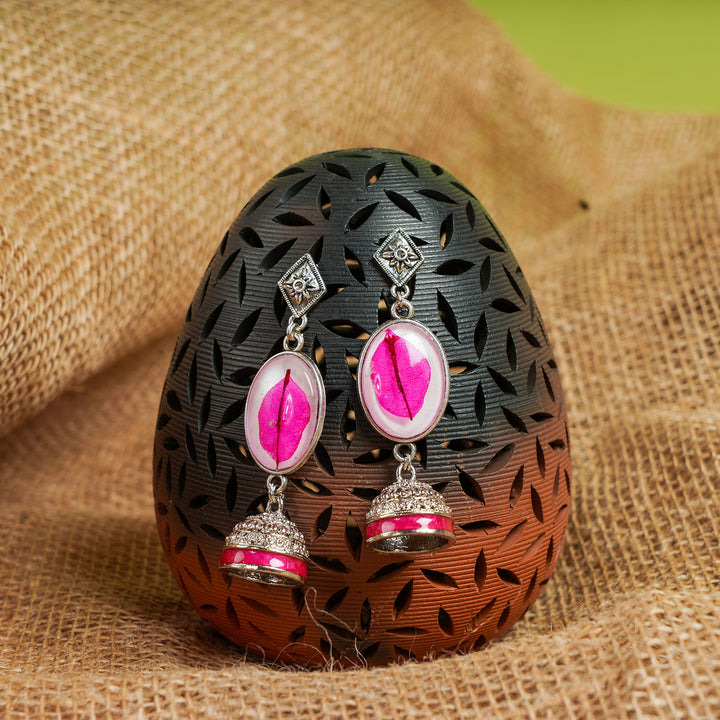 Handcrafted Fossilised Pink Bougainvillea Jhumkas
