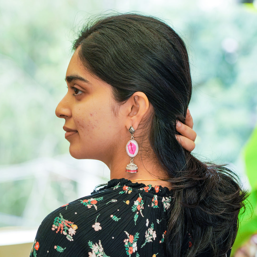 Handcrafted Fossilised Pink Bougainvillea Jhumkas