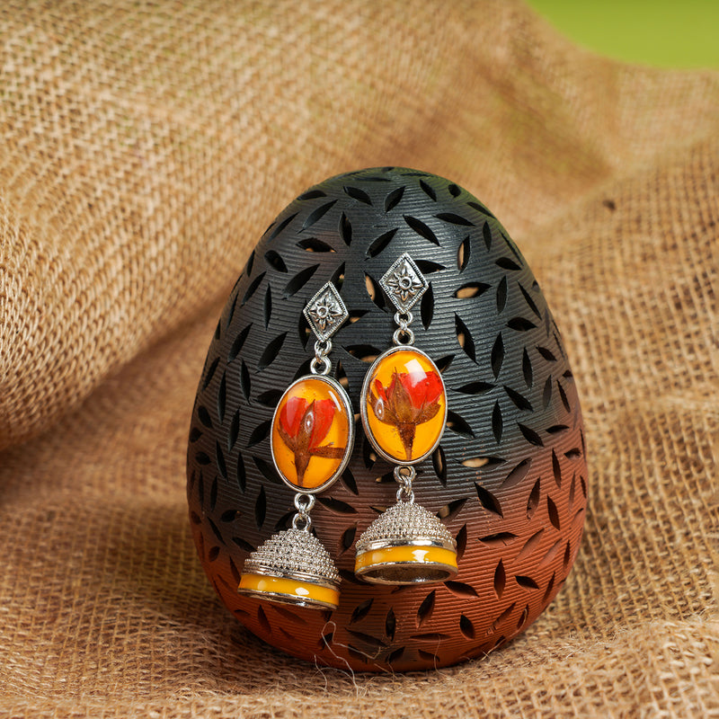 Handcrafted Fossilised Red Rose on Sandal base Jhumkas