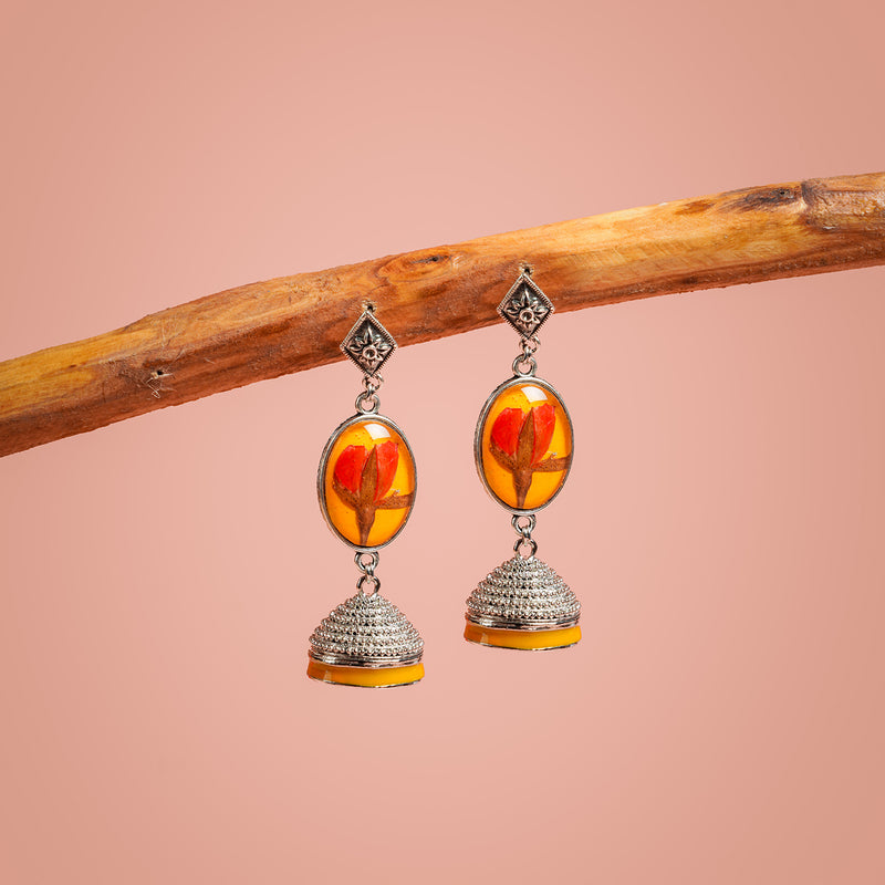 Handcrafted Fossilised Red Rose on Sandal base Jhumkas