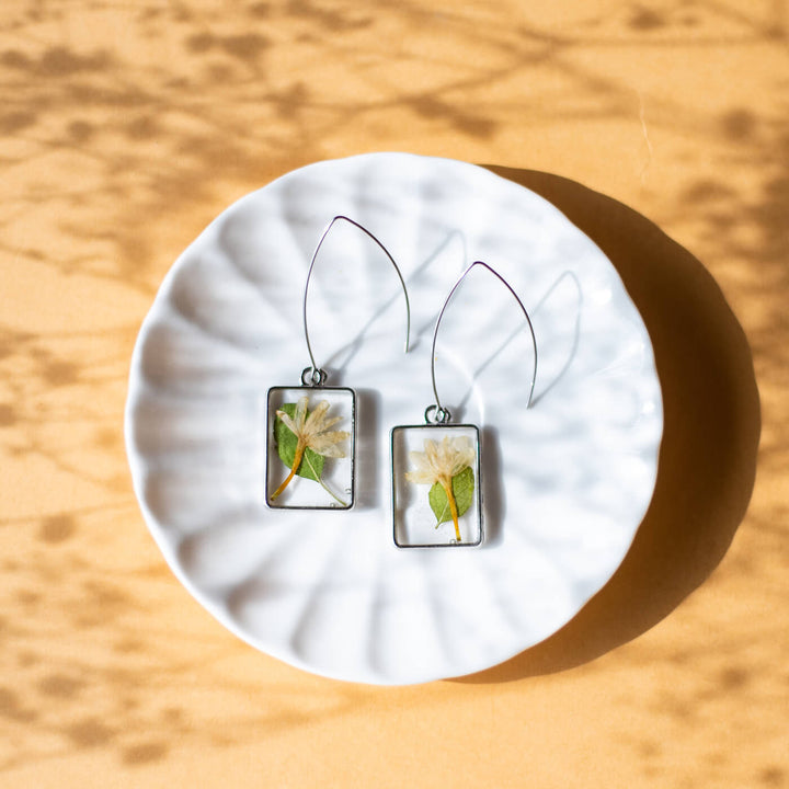 Long Stem Silver Rectangle Earrings - Tulsi & Jasmine - Zwende