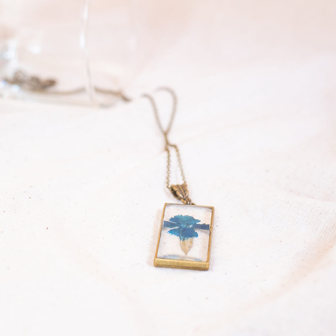 Brass Long Rectangle Necklace with Blue Dianthus - Zwende