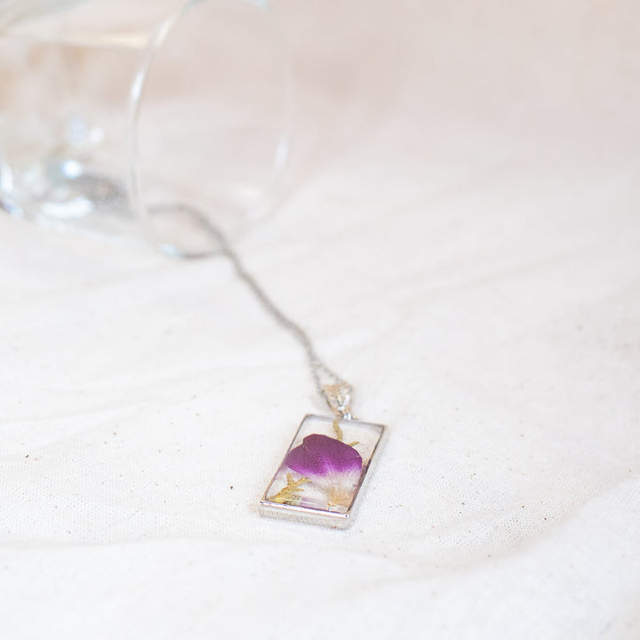 Silver Long Rectangle Necklace with Purple Orchid