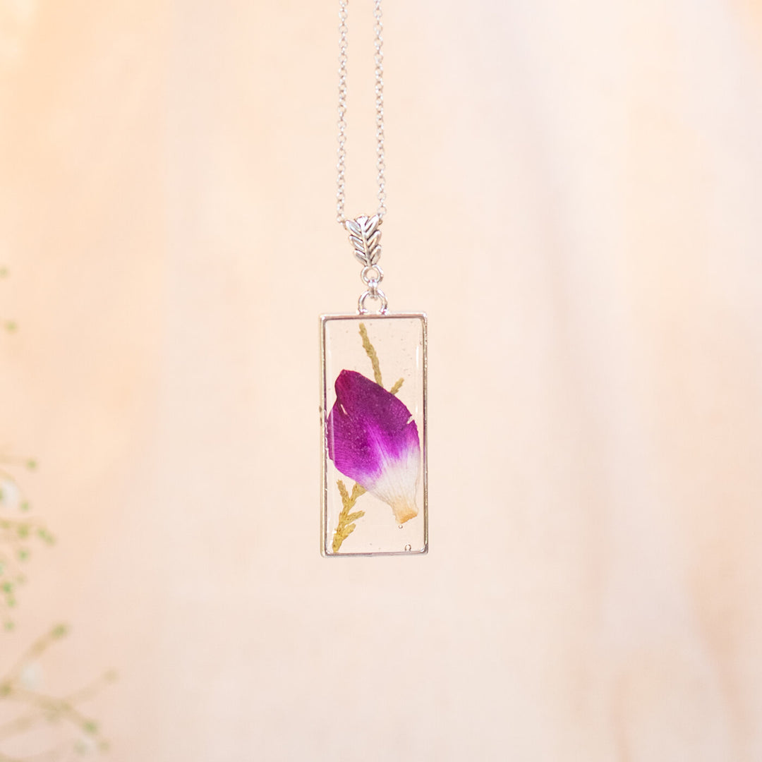 Silver Long Rectangle Necklace with Purple Orchid