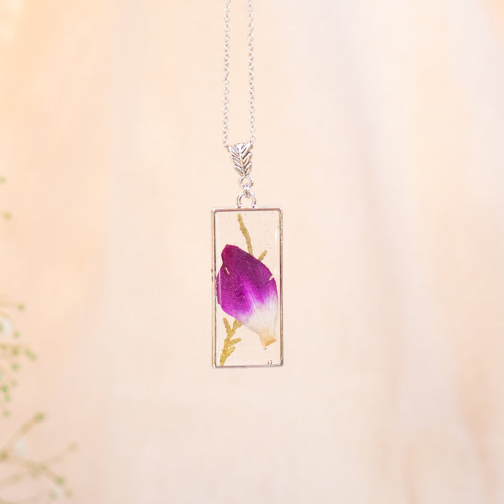 Silver Long Rectangle Necklace with Purple Orchid